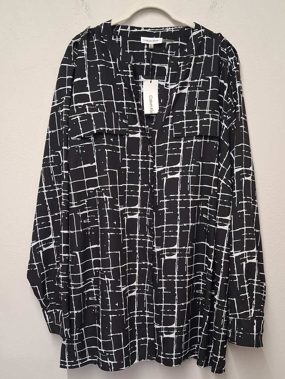 Calvin Klein Black and White Grid Print Button-Down Blouse